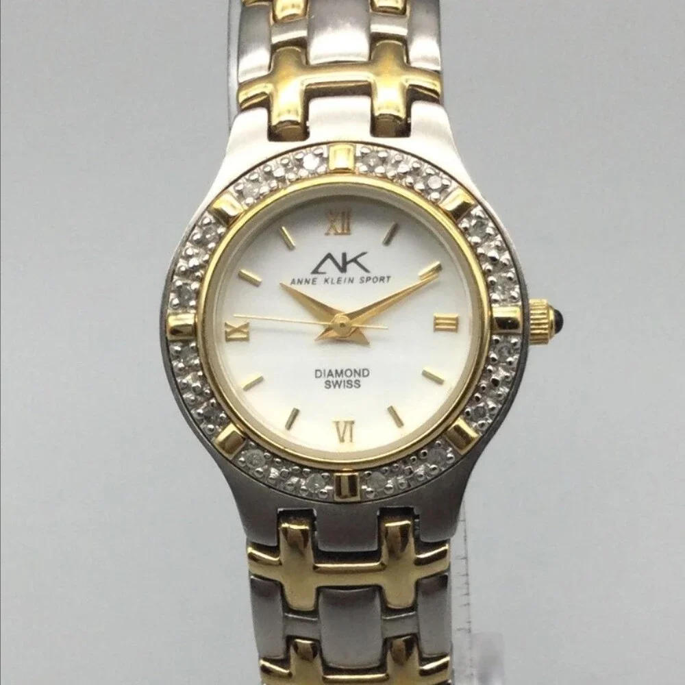Anne Klein Diamond Swiss Womens Watch 24mm White Dial Two Tone New Battery 7.25